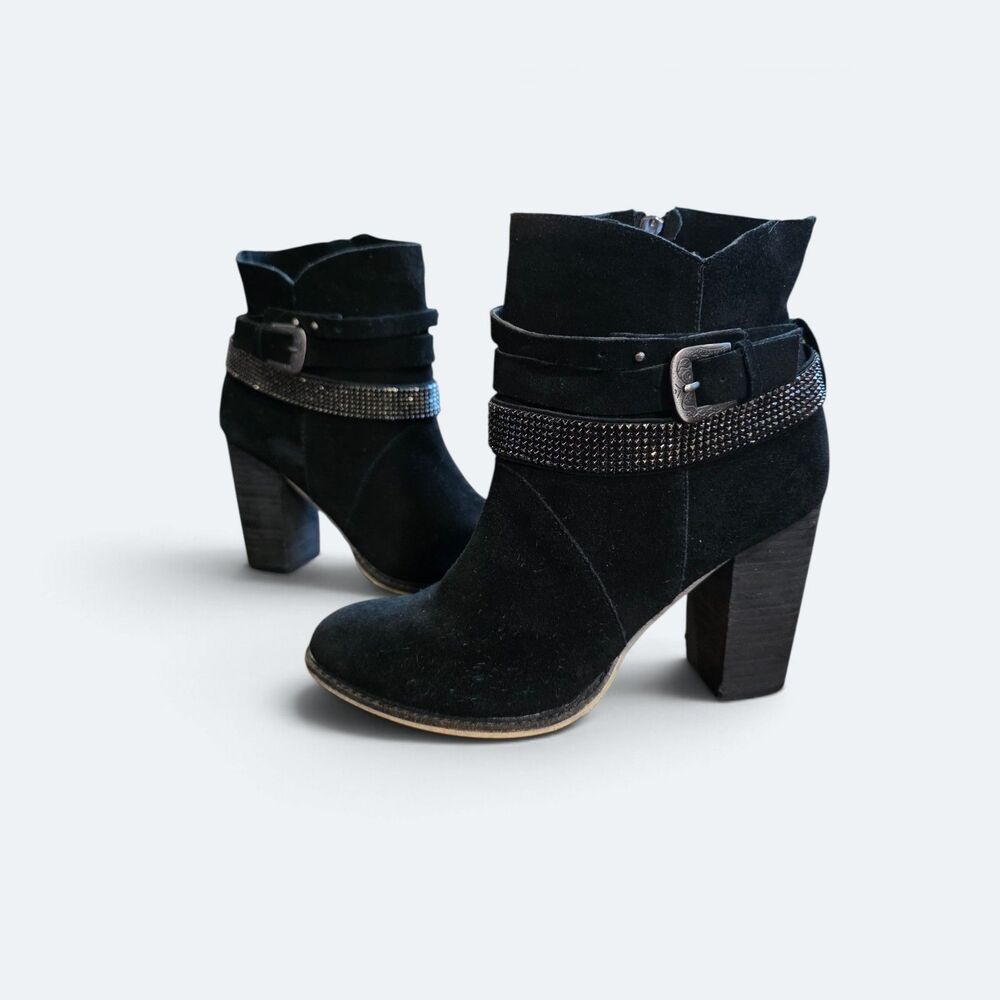 Nine West Zaza Black Suede Studded Western Ankle Booties Size 8